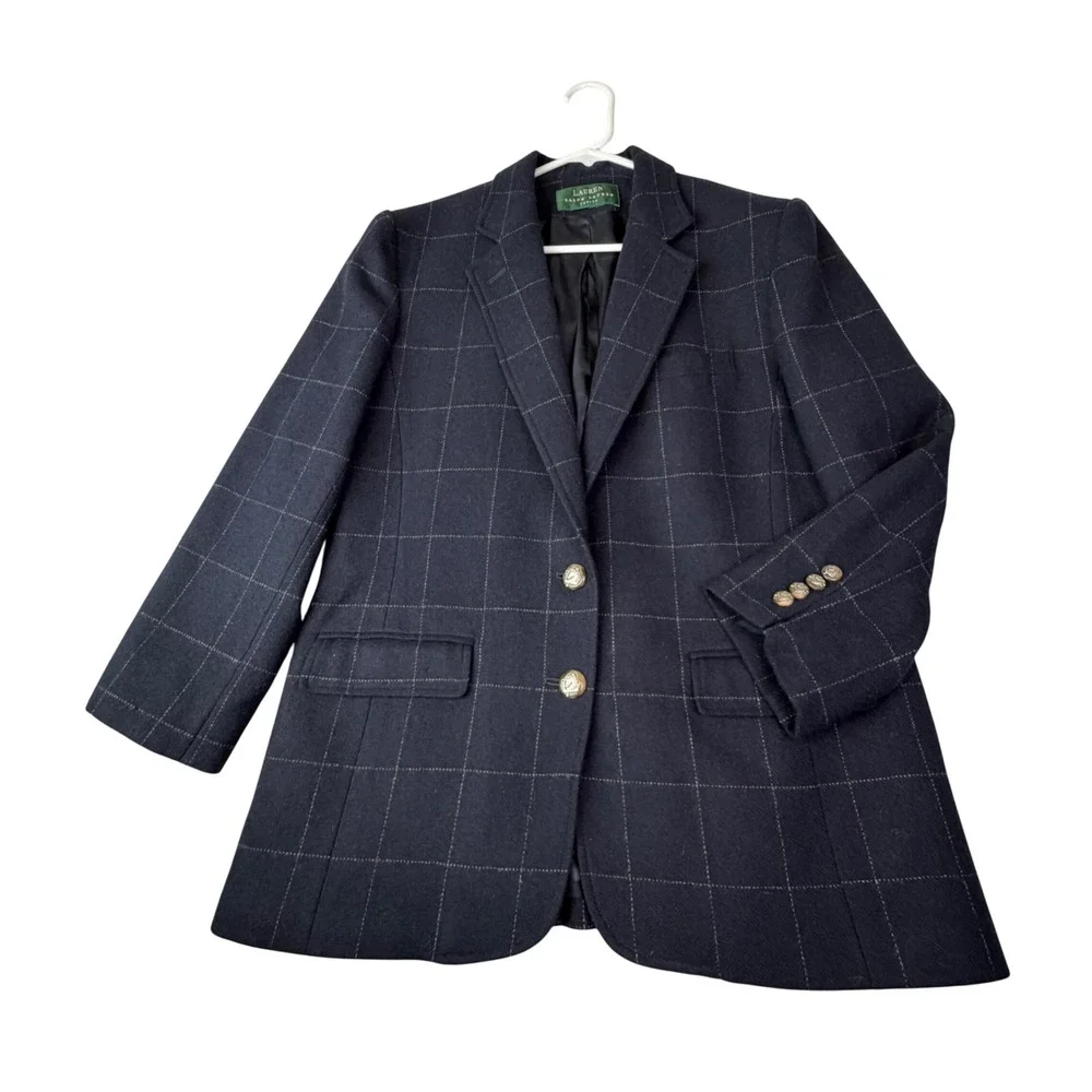 Lauren Ralph Lauren Windowpane Wool Blazer Navy Gold Buttons Preppy Petite P11